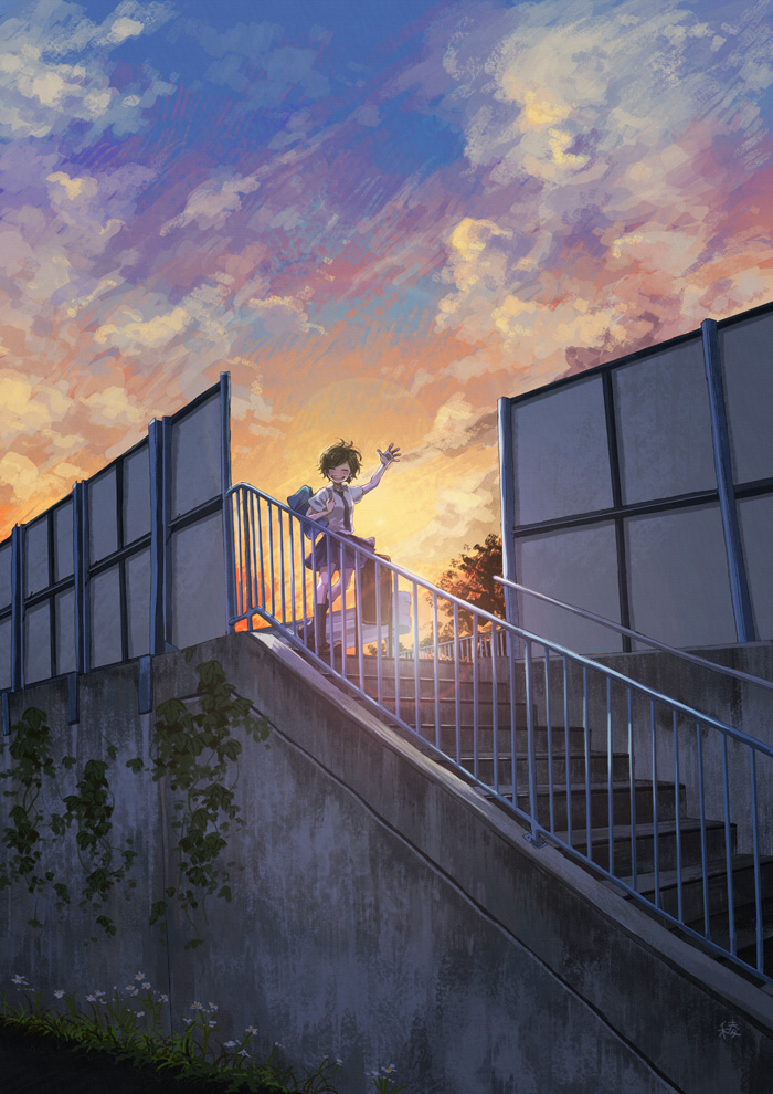 1girl bag brown_hair closed_eyes cloudy_sky grass original outstretched_arm road ryouga_(fm59) school_bag school_uniform short_hair sky smile solo stairs sunset