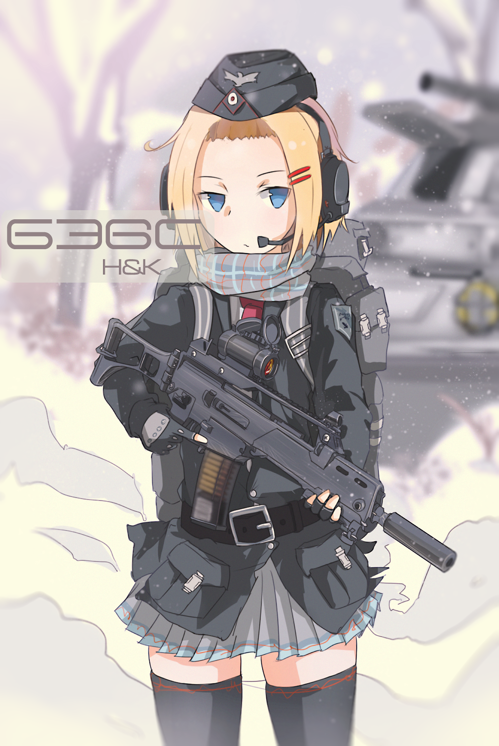 1girl assault_rifle backpack bag belt blonde_hair blue_eyes g36 garrison_cap gloves gun hair_ornament hairclip hat headphones headset highres military military_uniform military_vehicle original rifle sakaue-nachi scarf scope short_hair skirt snow snowing soldier solo thigh-highs uniform vehicle weapon wind zettai_ryouiki