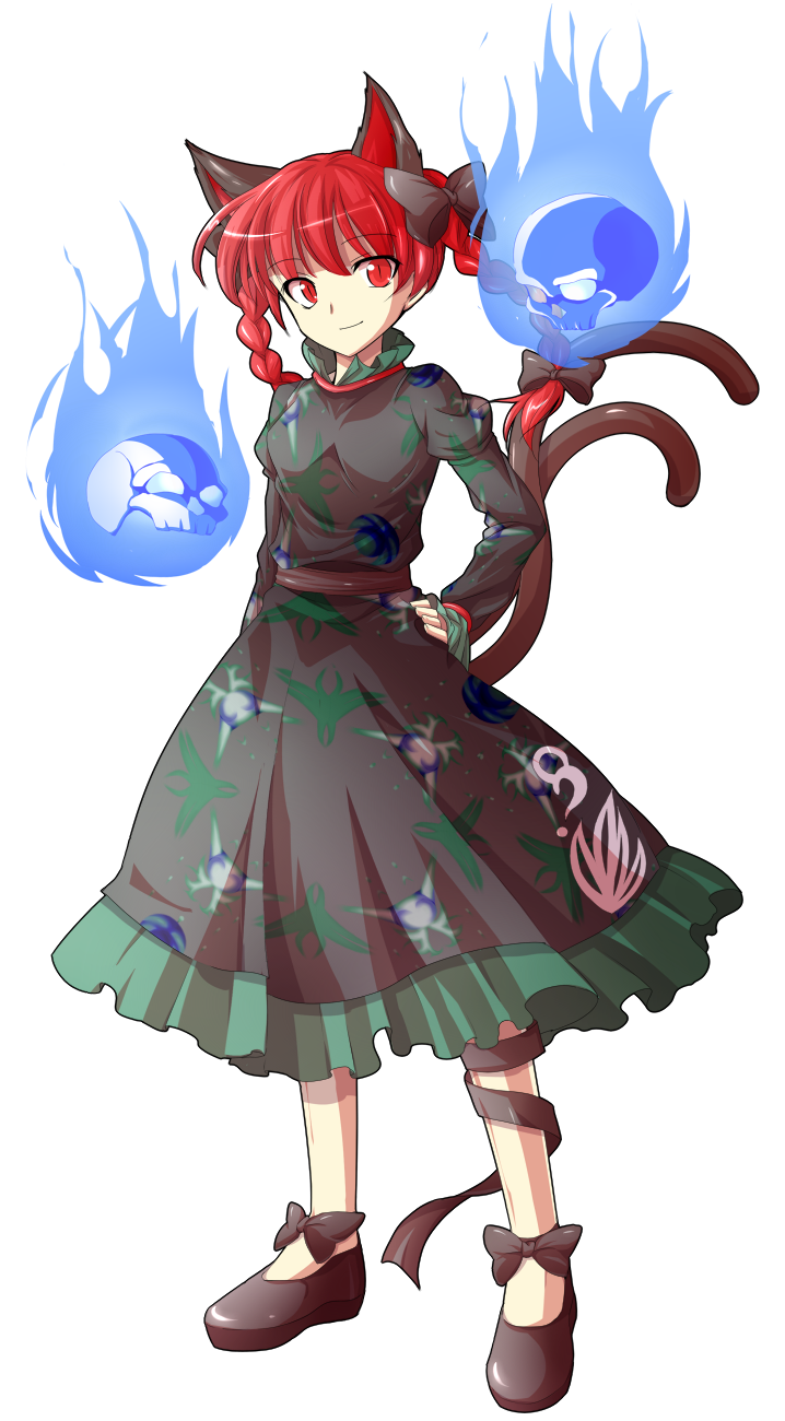 1girl alphes_(style) animal_ears bow braid cat_ears cat_tail dairi dress extra_ears ghost hair_bow hand_on_hip highres kaenbyou_rin long_hair multiple_tails parody red_eyes redhead smile solo style_parody tail touhou transparent_background twin_braids