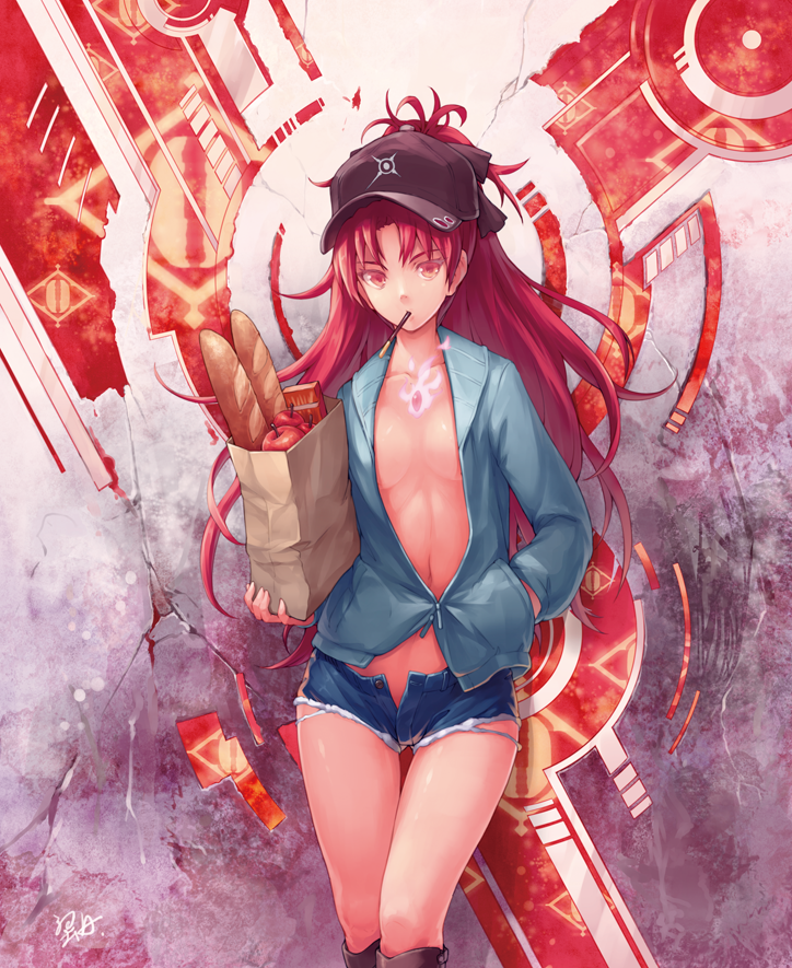 1girl apple bag baguette baseball_cap bread breasts carrying collarbone food food_in_mouth fruit hand_in_pocket hat kanini leaning_back long_hair looking_at_viewer magical_girl mahou_shoujo_madoka_magica midriff mouth_hold navel open_clothes open_fly open_shirt pocky red_eyes redhead sakura_kyouko shopping_bag short_shorts shorts solo unzipped very_long_hair wall