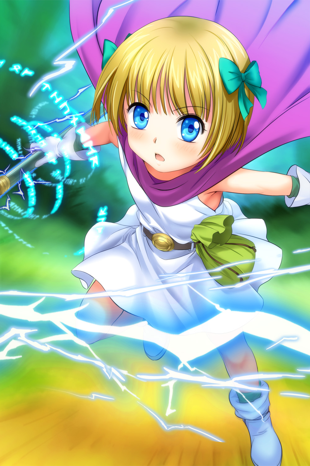 1girl bianca's_daughter blonde_hair blue_eyes blush boots bow cape dragon_quest dragon_quest_v electricity flat_chest gloves hair_bow highres magic mutsuki_(moonknives) open_mouth short_hair solo staff