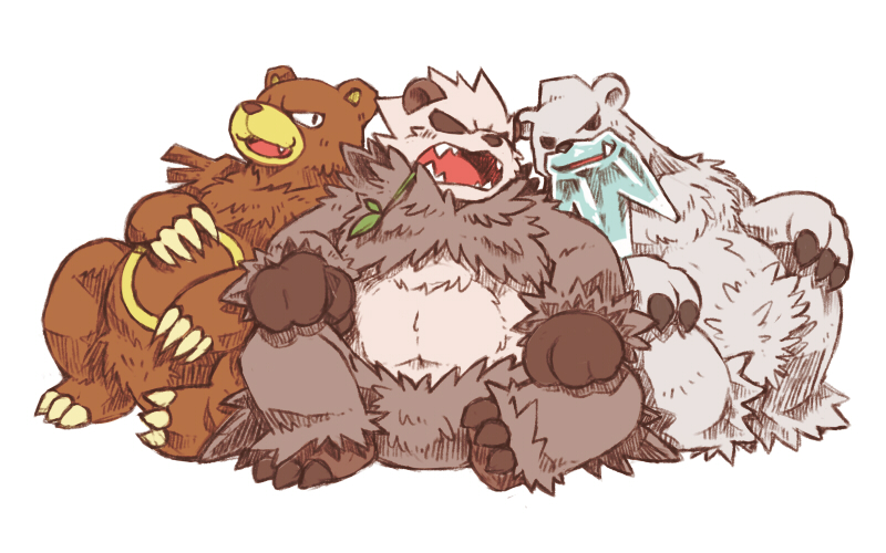 bear beartic bow-wow claws fang leaf no_humans open_mouth panda pangoro pokemon pokemon_(creature) pokemon_(game) polar_bear sitting smile ursaring