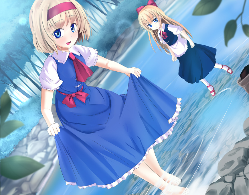 1girl a_(aaaaaaaaaaw) alice_margatroid apron ascot barefoot bent_over blue_dress blue_eyes bow curtsey dress dress_lift flying_sweatdrops forest hair_bow hairband long_hair looking_at_viewer nature open_mouth puffy_sleeves red_shoes river sash shanghai_doll shirt shoes short_hair short_sleeves smile soaking_feet touhou very_long_hair waist_apron water