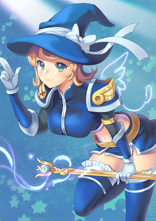 blonde_hair blue_legwear boots breasts dakun gloves hat large_breasts league_of_legends luxanna_crownguard midriff skirt staff thigh_boots thighhighs witch_hat