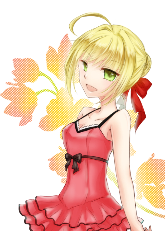 1girl ahoge blonde_hair dress fate/extra fate_(series) green_eyes red_dress saber_extra snow-noise solo