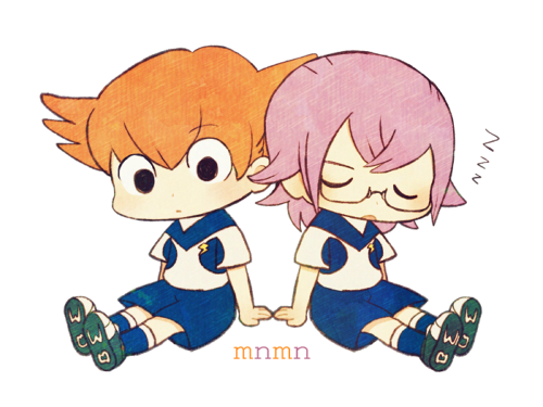 2boys ayu_(mog) back-to-back black_eyes chibi closed_eyes earth_eleven glasses inazuma_eleven_(series) inazuma_eleven_go inazuma_eleven_go_galaxy lightning_bolt lowres male_focus manabe_jin'ichirou minaho_kazuto multiple_boys orange_hair purple_hair simple_background sitting sleeping soccer_uniform sportswear white_background zzz