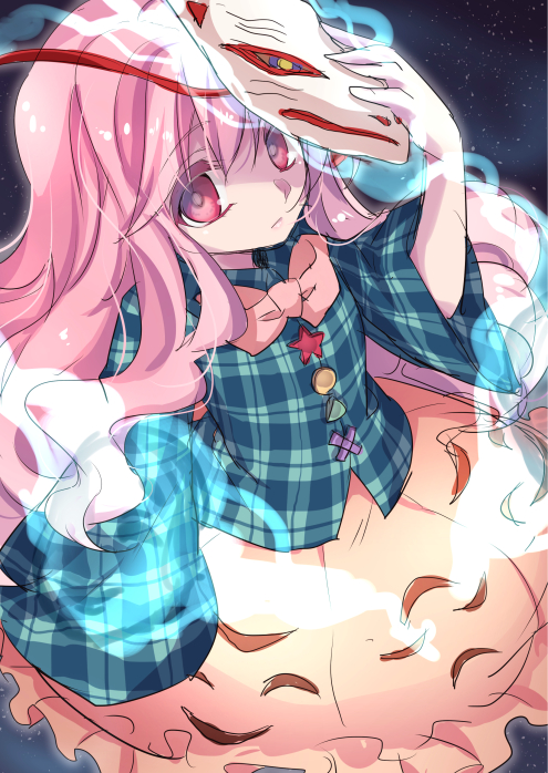 1girl asa_(coco) bow bubble_skirt fox_mask from_above hata_no_kokoro looking_up mask pink_eyes pink_hair plaid plaid_shirt skirt star touhou triangle