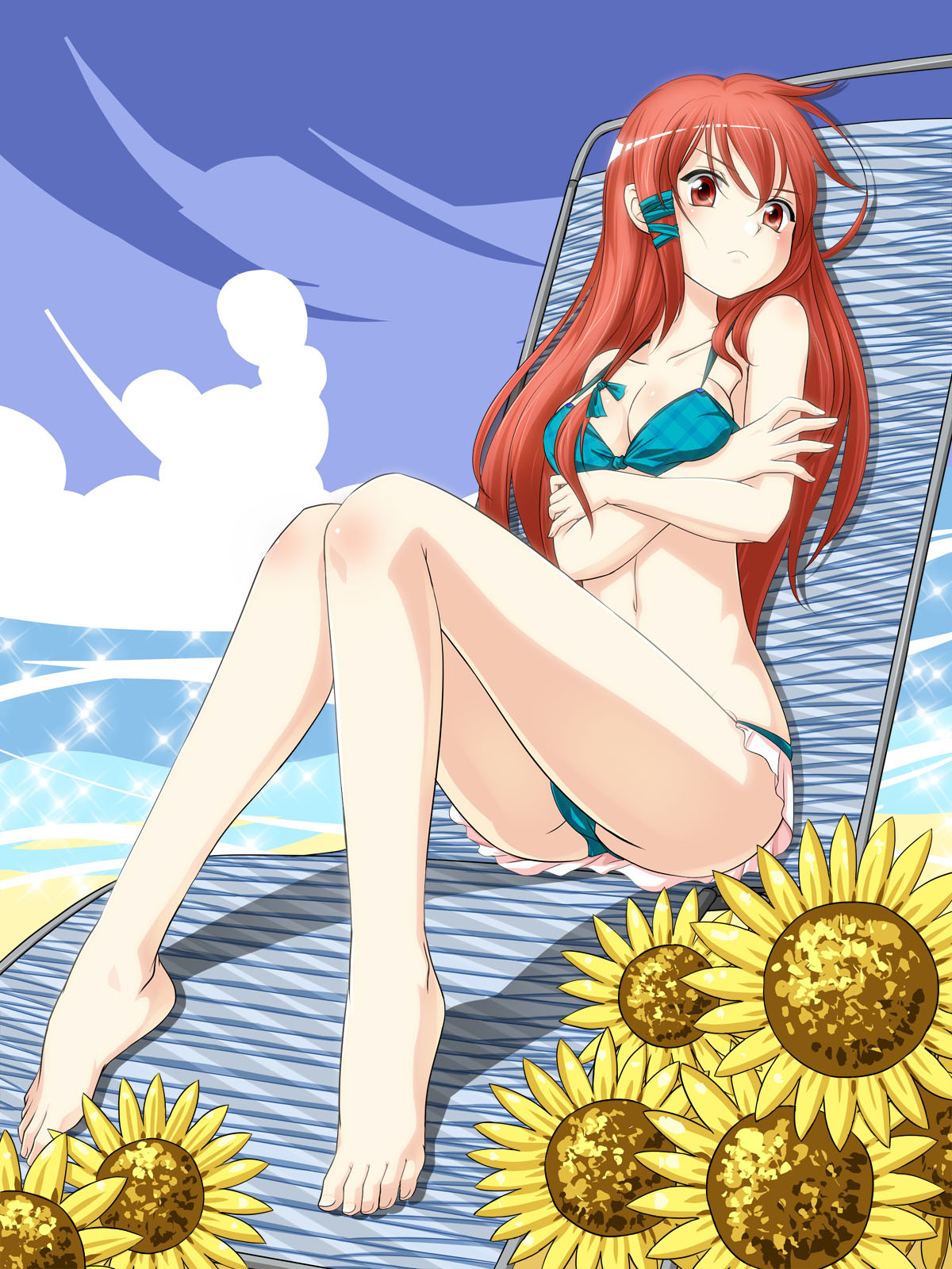 1girl barefoot bikini crazypen flower highres legs long_hair navel ocean red_eyes redhead sitting sky solo sunflower swimsuit