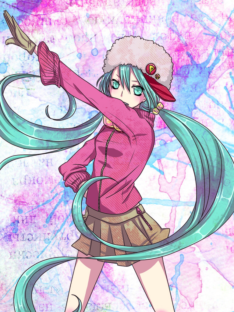 1girl aqua_eyes aqua_hair gloves hand_on_hip hat hatsune_miku long_hair outstretched_arm pafufu skirt solo twintails very_long_hair vocaloid