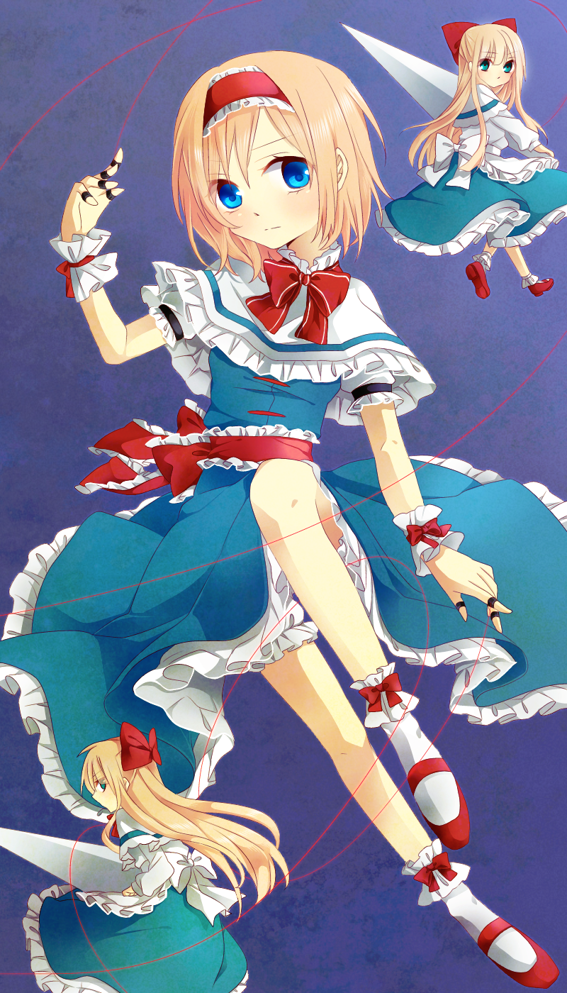 1girl alice_margatroid blonde_hair blue_background blue_dress blue_eyes bow capelet dress hair_bow hairband highres jewelry lance lolita_hairband long_hair looking_at_viewer polearm puppet_strings red_shoes ring sash shanghai_doll shoes short_hair touhou tsuno_no_hito weapon wrist_cuffs