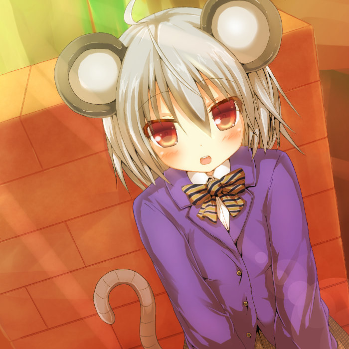 1girl 5240mosu animal_ears blush bow contemporary grey_hair looking_at_viewer mouse_ears mouse_tail nazrin open_mouth red_eyes short_hair solo tail touhou