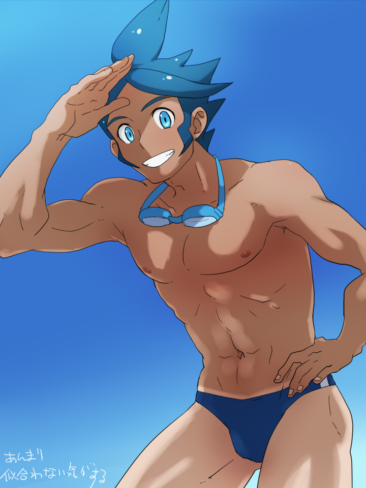1boy @@@ blue_eyes blue_hair bulge goggles grin hand_on_hip male muscle navel pokemon pokemon_(game) pokemon_bw2 shizui_(pokemon) short_hair smile speedo swimsuit tan