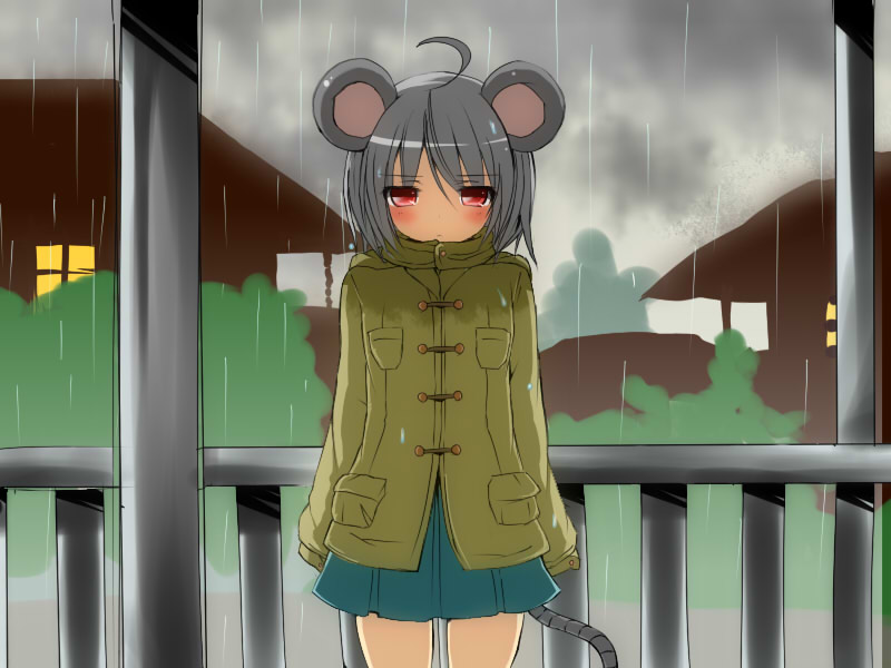 1girl 5240mosu ahoge animal_ears grey_hair looking_at_viewer mouse_ears mouse_tail nazrin rain red_eyes short_hair skirt solo tail touhou wet wet_clothes