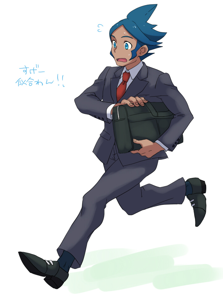 1boy @@@ blue_eyes blue_hair briefcase formal male necktie open_mouth pokemon pokemon_(game) pokemon_bw2 running shizui_(pokemon) short_hair solo suit sweat tan