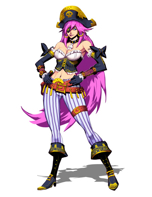 1girl bare_shoulders belt black_gloves blue_eyes boots breasts cleavage corset earrings elbow_gloves eyepatch genzoman gloves hands_on_hips hat hoop_earrings jewelry lipstick long_hair makeup midriff navel official_art pants pink_hair pirate pirate_hat poison_(final_fight) purple_lipstick solo street_fighter street_fighter_iv studded_collar ultra_street_fighter_iv vertical_stripes very_long_hair