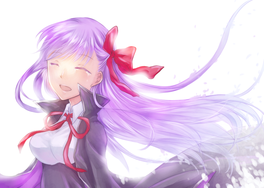 1girl bb_(fate/extra_ccc) breasts fate/extra_ccc fate_(series) hair_ribbon long_hair purple_hair ribbon snow-noise solo tears very_long_hair