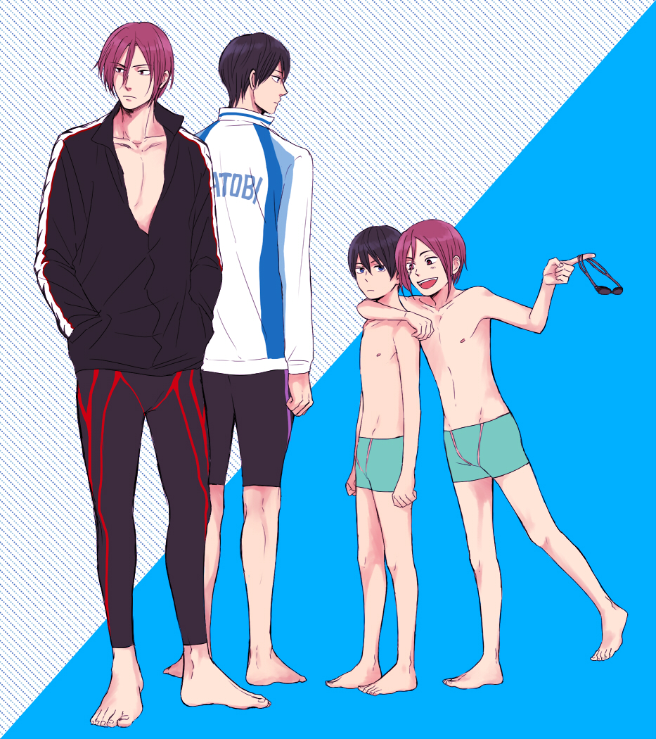 4boys arm_around_shoulder barefoot black_hair blue_eyes child dual_persona free! goggles male matsuoka_rin multiple_boys nanase_haruka_(free!) open_mouth red_eyes redhead smile swim_trunks young