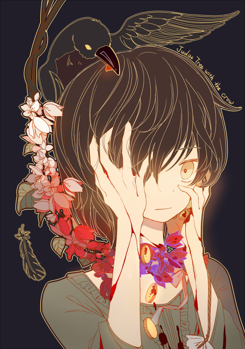 1girl bird black_hair blood coin crow dhiea english feathers flower hair_over_one_eye hands_on_own_face looking_at_viewer mouth_hold original outline short_hair tagme yellow_eyes