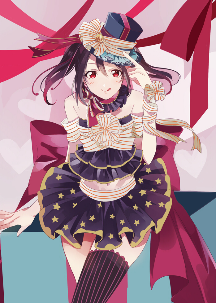 1girl :q black_hair bow hand_on_hat hat hoe_satsuki long_hair looking_at_viewer love_live!_school_idol_project navel red_eyes single_thighhigh skirt smile solo thighhighs tongue twintails yazawa_nico