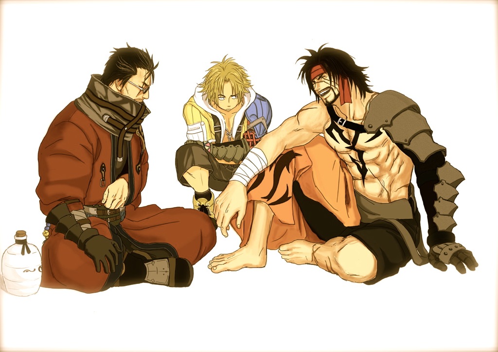 3boys armor auron barefoot black_hair blonde_hair closed_eyes facial_hair father_and_son final_fantasy final_fantasy_x flask jecht misono multiple_boys open_mouth scar shoes sitting squatting sunglasses teeth tidus toes