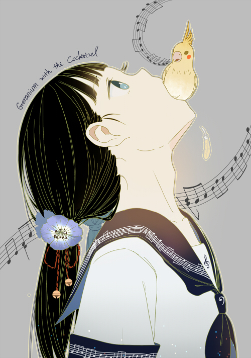 1girl bird black_hair blue_eyes dhiea english feathers flower hair_flower hair_ornament head_back mouth_hold musical_note open_mouth original outline ponytail school_uniform serafuku tagme