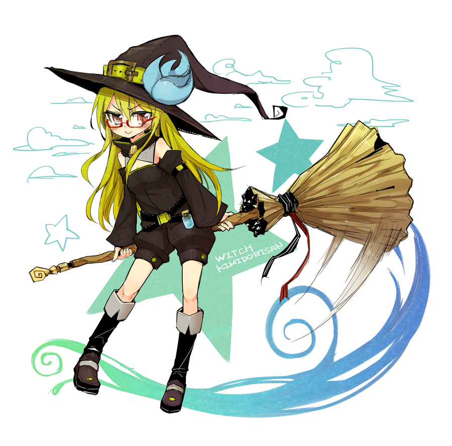 1girl bespectacled broom glasses hat ico_(green_bullet) kimidori_(ico) long_hair original smile solo star witch_hat
