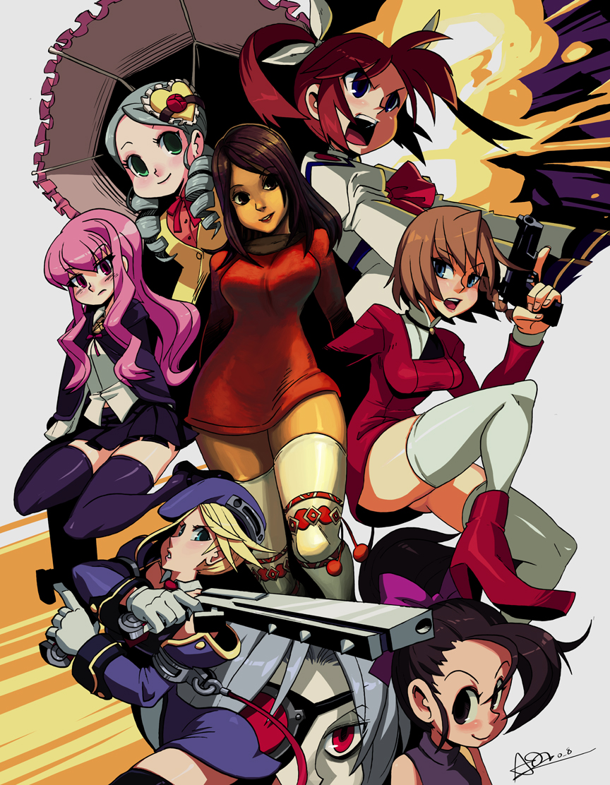 6+girls alex_ahad beret black_hair blazblue blonde_hair blue_eyes brown_eyes brown_hair character_request dark_skin drill_hair dual_wielding explosion eyepatch gloves green_eyes green_hair gun hair_ornament hat high_heels long_hair looking_at_viewer looking_down louise_francoise_le_blanc_de_la_valliere multiple_girls noel_vermillion open_mouth parted_lips pink_eyes pink_hair ponytail red_eyes rozen_maiden shoes short_hair signature silver_hair sitting smile sweater tagme thighhighs trigger_discipline twin_drills twintails umbrella wariza weapon zero_no_tsukaima zettai_ryouiki
