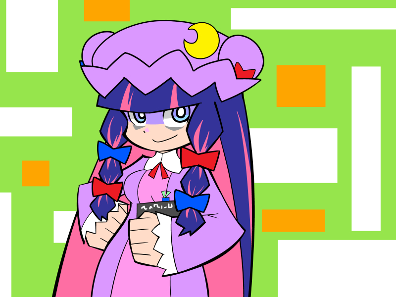 1girl :&gt; blue_eyes book bow cosplay crescent hair_bow lanlanlancho long_hair multicolored_hair panty_&amp;_stocking_with_garterbelt patchouli_knowledge patchouli_knowledge_(cosplay) purple_hair smile solo stocking_(psg) touhou two-tone_hair violet_eyes