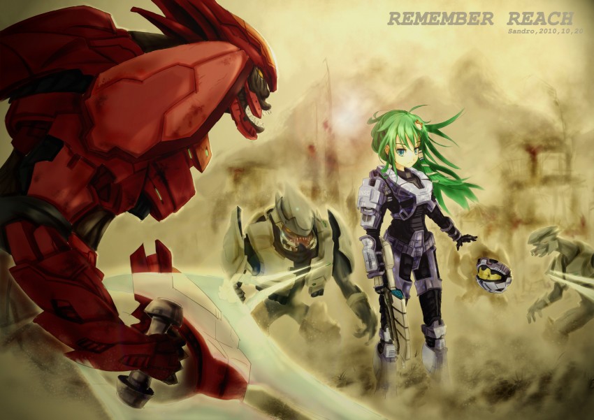 armor assault_rifle battle blue_eyes crossover damaged destruction energy_sword frog green_hair gun hair_ornament halo:_reach halo_(game) helmet kochiya_sanae long_hair power_suit rifle sangheili serious snake spark_(sandro) spartan spartan-b312 sword touhou weapon you_gonna_get_raped