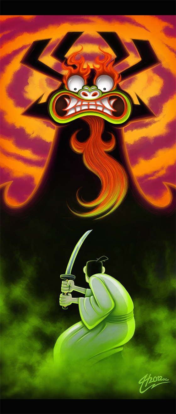 1boy aku beard black_hair cartoon_network crazy_eyes demon facial_hair fangs fighting_stance fire highres japanese_clothes katana kimono letterboxed macgreen samurai_jack samurai_jack_(character) size_difference sword topknot weapon