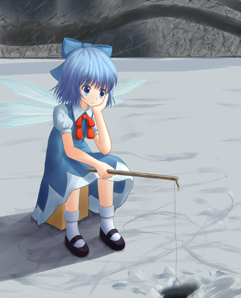 1girl ankle_socks blue_eyes blue_hair bow box cirno dress fishing_line frozen_lake gin_fuaru grey_background hair_bow head_rest ice_fishing looking_away mary_janes ribbon shoes short_hair sitting smile solo touhou wings