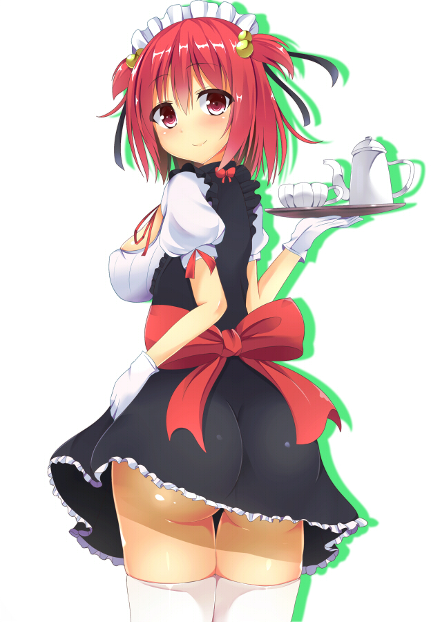 1girl ass blush bow breasts cowboy_shot cup from_behind gloves hair_bobbles hair_ornament hair_ribbon impossible_clothes looking_at_viewer looking_back maid maid_headdress original pink_eyes pink_hair ribbon skirt smile solo teapot thigh-highs thigh_gap tray two_side_up white_background white_gloves white_legwear yahiro_(anhnw)