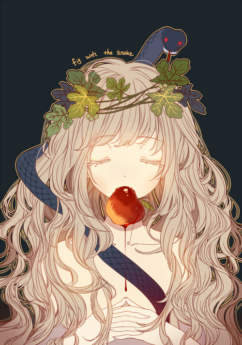 1girl blood closed_eyes dhiea english food fruit long_hair mouth_hold original outline red_eyes snake tagme tongue