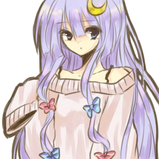 bad_id contemporary hair_ornament hair_ribbon hiharo long_hair long_sleeves moon oversized_clothes patchouli_knowledge purple_eyes purple_hair ribbon sleeves_past_wrists touhou violet_eyes