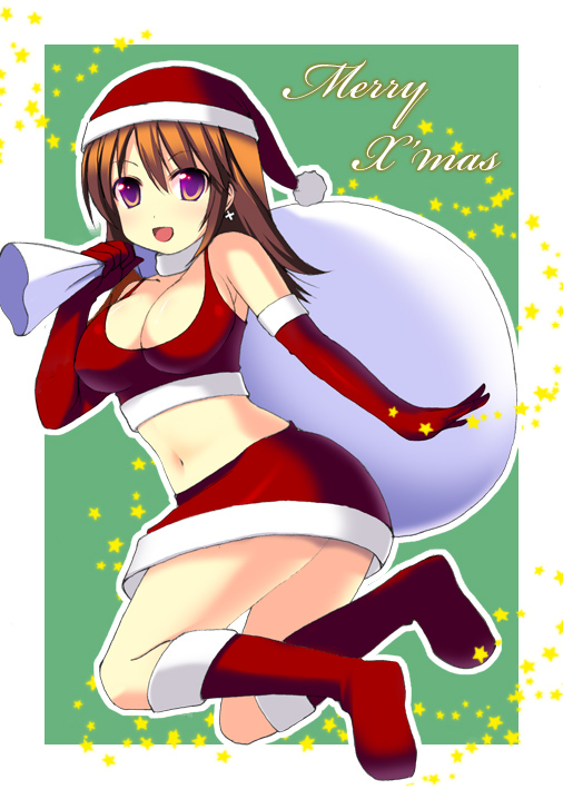 bag boots choker christmas cleavage earrings elbow_gloves female final_fantasy final_fantasy_iii gloves kyoku_tou long_hair midriff miniskirt open_mouth orange_eyes orange_hair refia santa_costume santa_hat skirt solo sports_bra