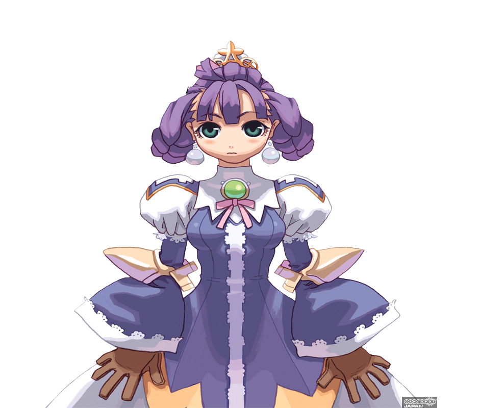 aqua_eyes crown dress earrings eclair_(la_pucelle) gloves la_pucelle nomura_ryouji official_art purple_hair solo