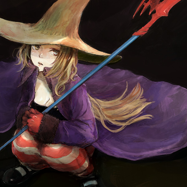 black_mage black_mage_(fft) blonde_hair blue_eyes breasts cleavage coat final_fantasy final_fantasy_tactics hat kno kno_(anahita) long_hair rod sitting solo striped striped_legwear striped_thighhighs thigh-highs thighhighs witch_hat