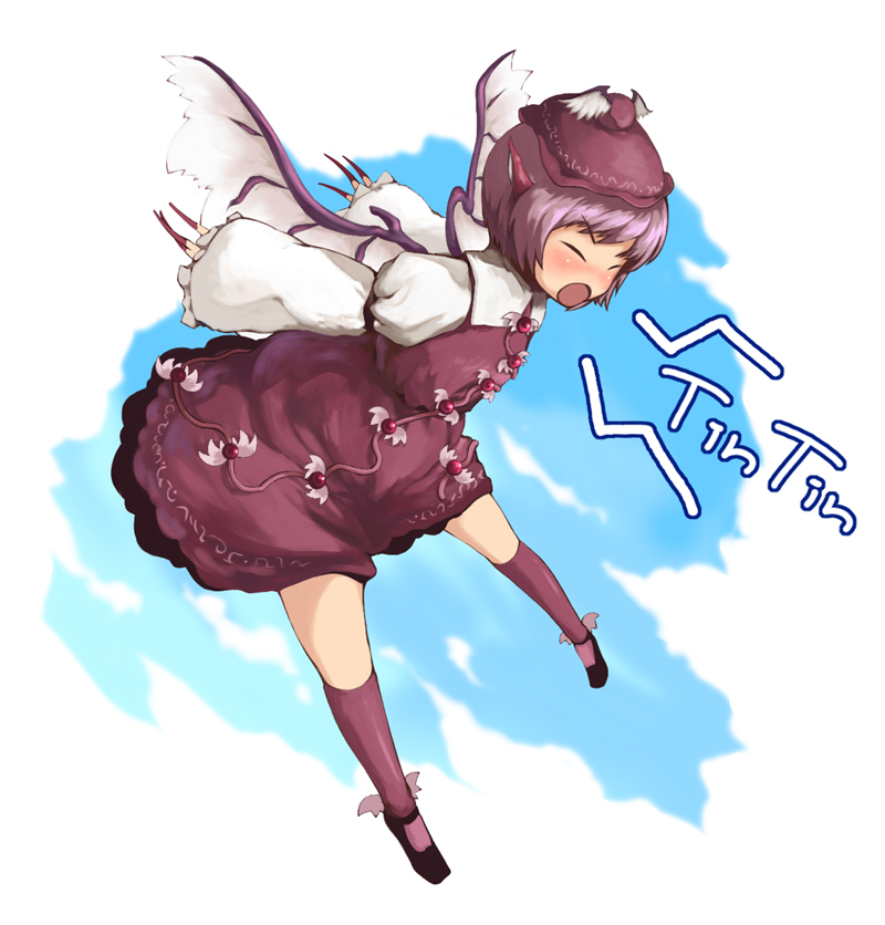 closed_eyes dress fingernails hat kneehighs laboto long_fingernails long_nails mystia_lorelei nails purple_hair short_hair socks solo touhou wings