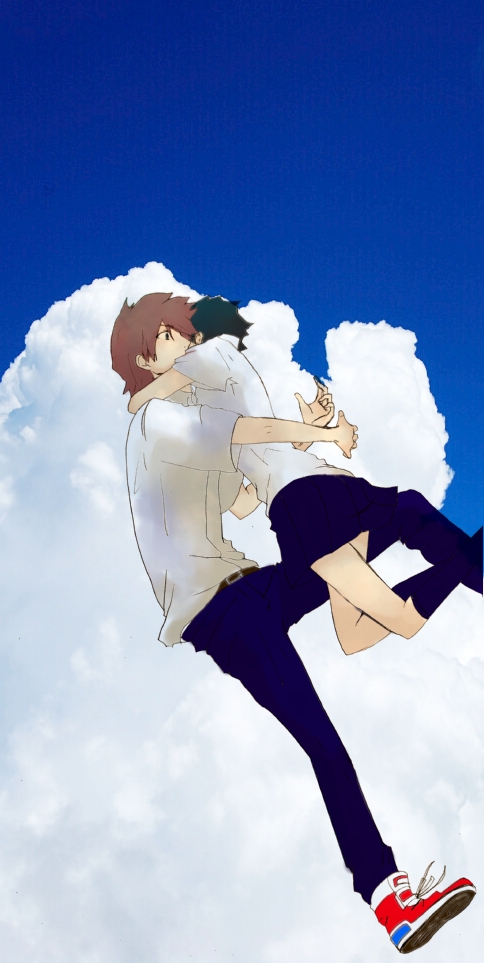 1girl blue cloud clouds couple hug konno_makoto mamiya_chiaki school_uniform shirt skirt sky toki_wo_kakeru_shoujo