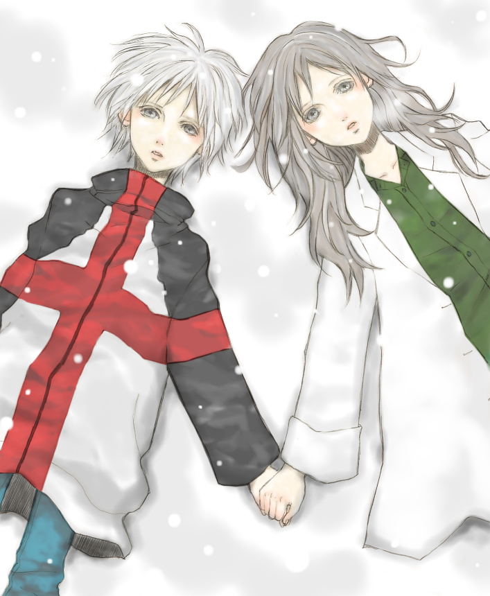 androgynous brown_hair coat gilgamesh_(anime) grey_eyes hand_holding long_hair madoka_kyoko madoka_tatsuya male short_hair siblings snow white white_hair winter