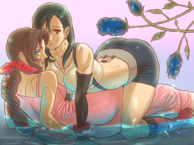 aerith_gainsborough bare_shoulders black_hair blue_eyes boots brown_eyes brown_hair dress earrings elbow_gloves female final_fantasy final_fantasy_vii fingerless_gloves flower gloves isaki isaki_(pixiv609148) long_hair looking_back lying midriff miniskirt multiple_girls ponytail red_ribbon ribbon skirt straddle submerged suspenders tanktop tifa_lockhart water wet wet_clothes yuri