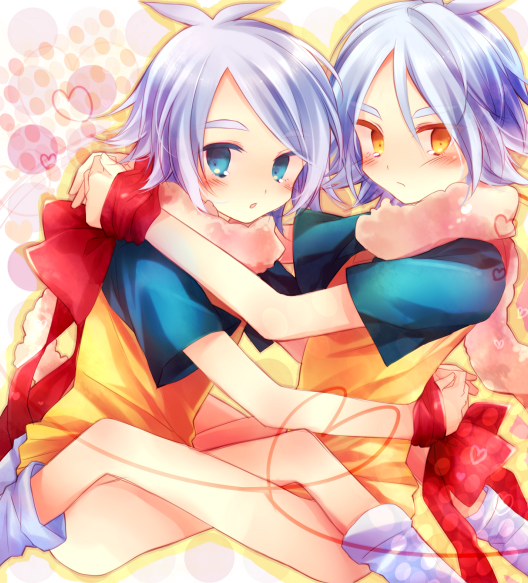 2boys androgynous blue_eyes blush bottomless bow dual_persona fubuki_shirou hug ibara_riato inazuma_eleven ribbon silver_hair socks yellow_eyes