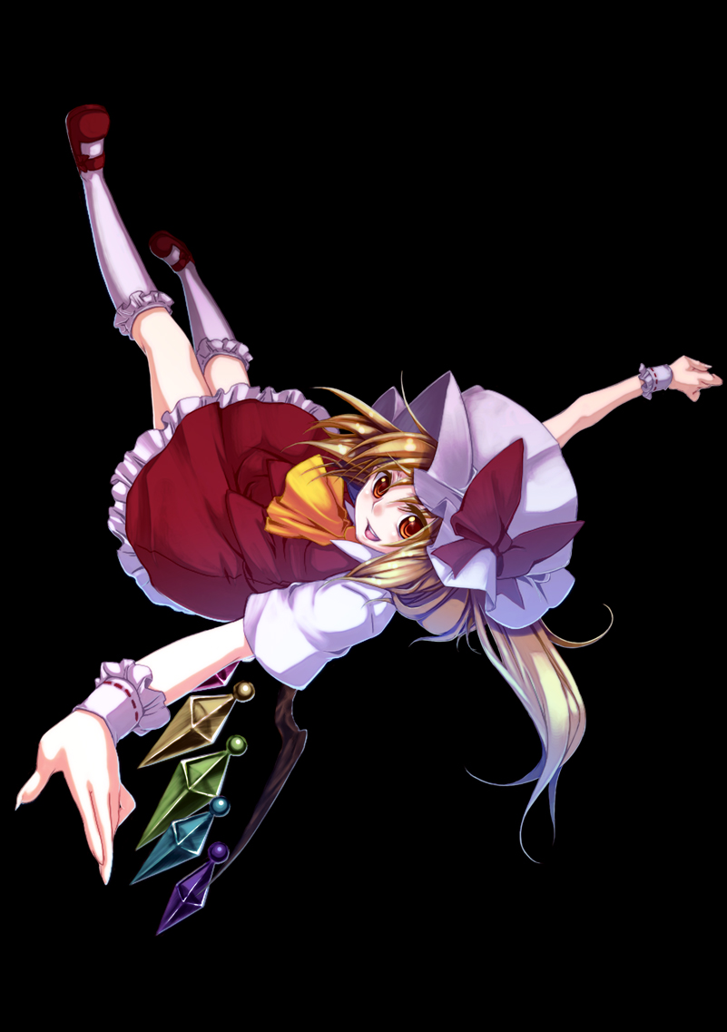 blonde_hair bow fingernails flandre_scarlet foreshortening hat kneehighs long_fingernails mary_janes open_mouth orange_eyes outstretched_arms popi_(pixiv) ribbon shoes side_ponytail simple_background smile socks spread_arms touhou upside-down white_legwear wings