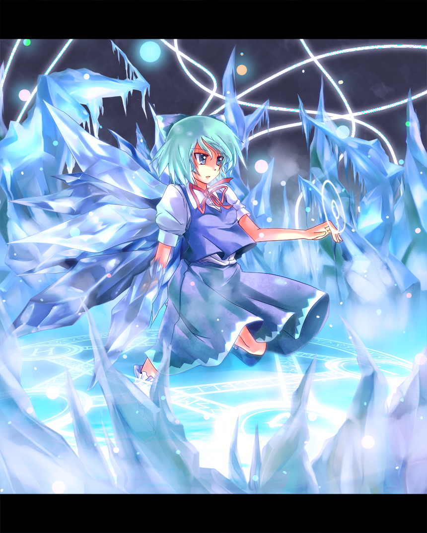 blue_eyes blue_hair bow cirno hair_bow ice magic_circle ribbon short_hair touhou wings yoshinaga_p