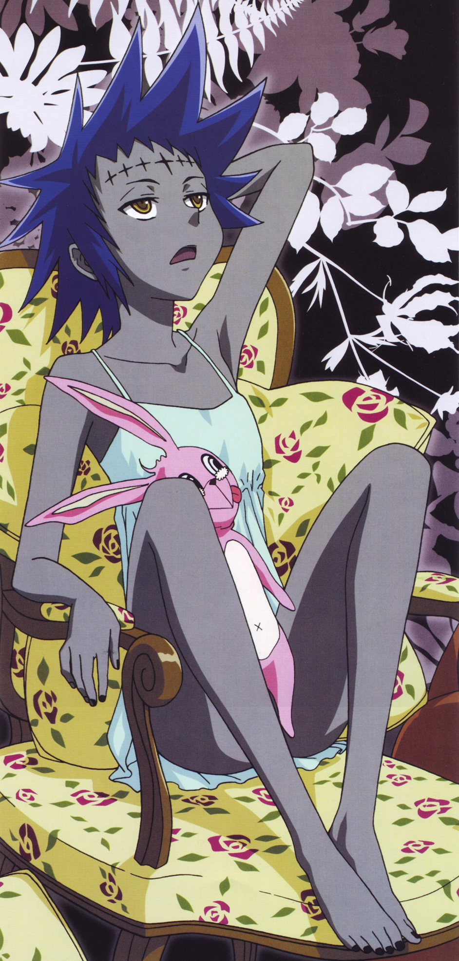 1girl arm_up armpit bare_arms bare_legs barefoot between_legs black_nails blue_hair chair collarbone d.gray-man facial_mark forehead_mark grey_skin highres nightgown official_art open_mouth road_kamelot scan short_hair sitting solo spiked_hair stuffed_animal stuffed_bunny yellow_eyes