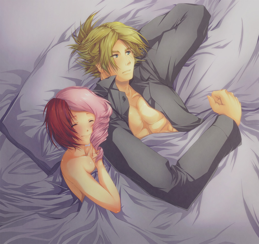 afterglow alisa_boskonovich bed bed_sheet error lars_alexandersson multicolored_hair naked_sheet namco pillow short_hair tekken unbuttoned under_covers