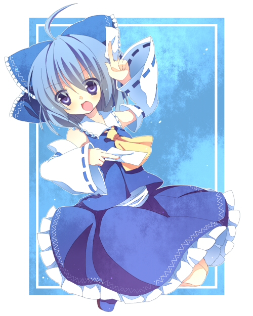 akai bad_id blue_eyes blue_hair bow cirno cosplay detached_sleeves hair_bow hakurei_reimu hakurei_reimu_(cosplay) short_hair solo touhou