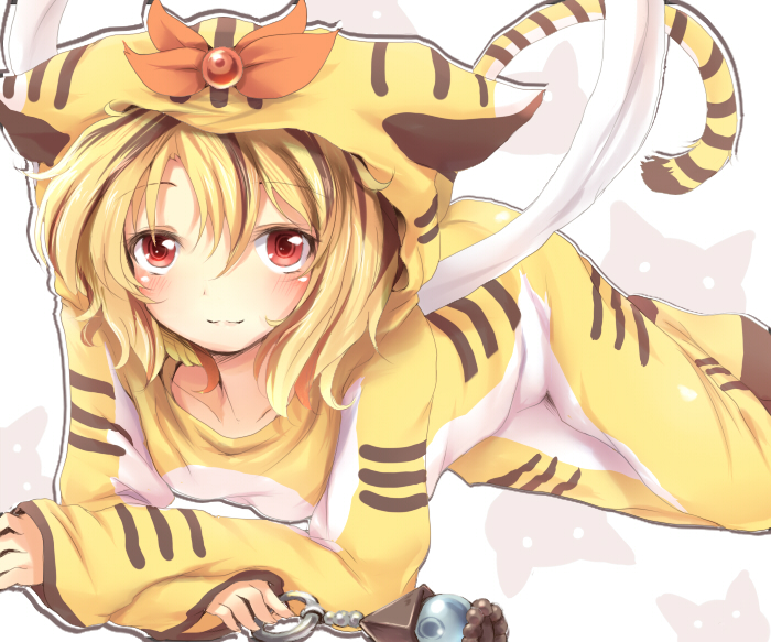 animal_costume bad_id blonde_hair costume jeweled_pagoda nejime red_eyes short_hair solo tiger_costume tiger_print toramaru_shou touhou