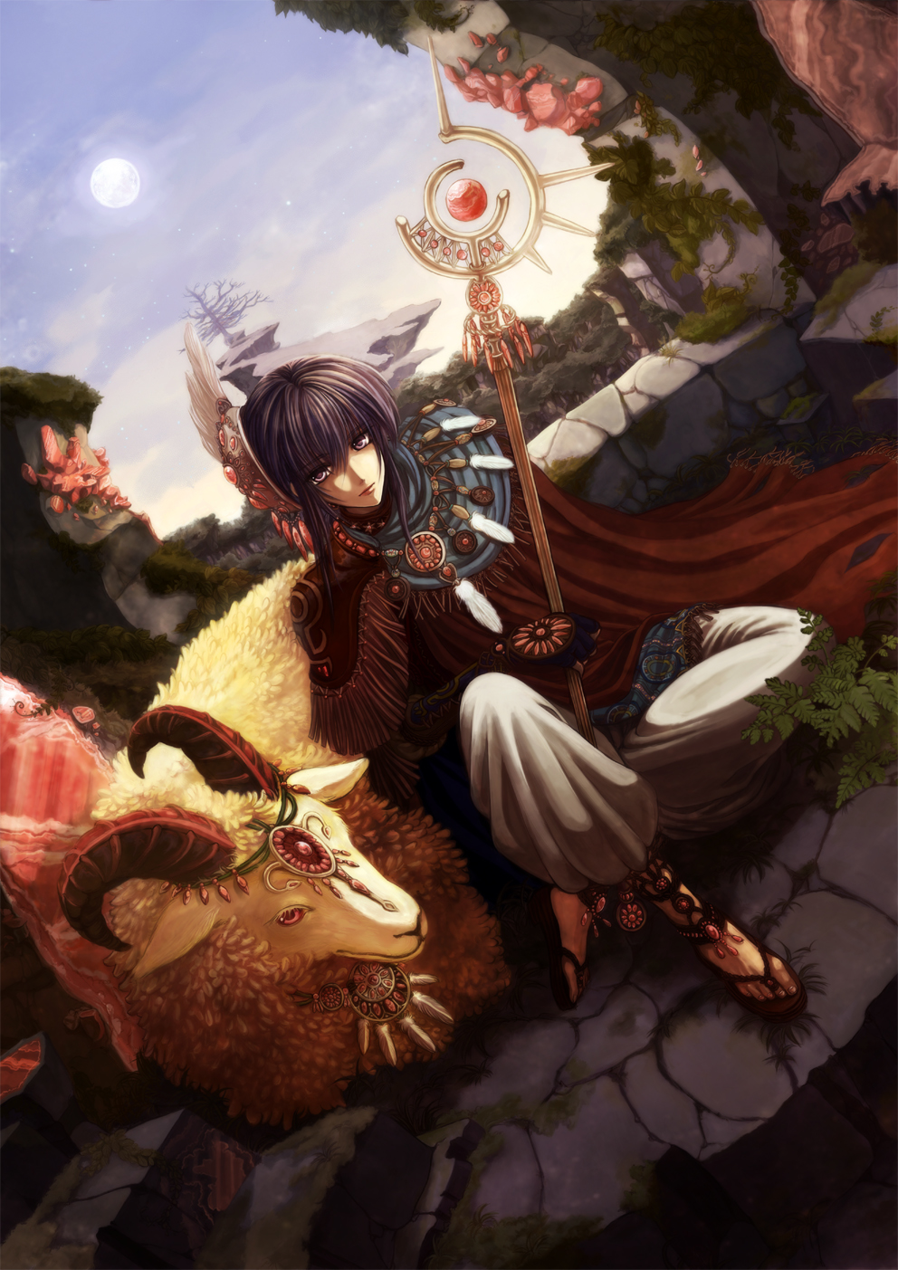 black_hair cape fantasy feathers highres horns jewelry original ram sheep solo souya_touki staff