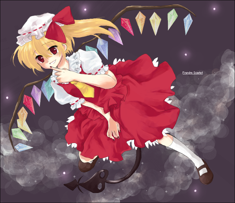 bow cloud clouds dress flandre_scarlet flying hair_bow hat hat_ribbon kneehighs koutarou_(artist) legs mary_janes nail_polish night night_sky red_eyes ribbon shoes short_hair short_sleeves side_ponytail sky smile socks solo touhou wings